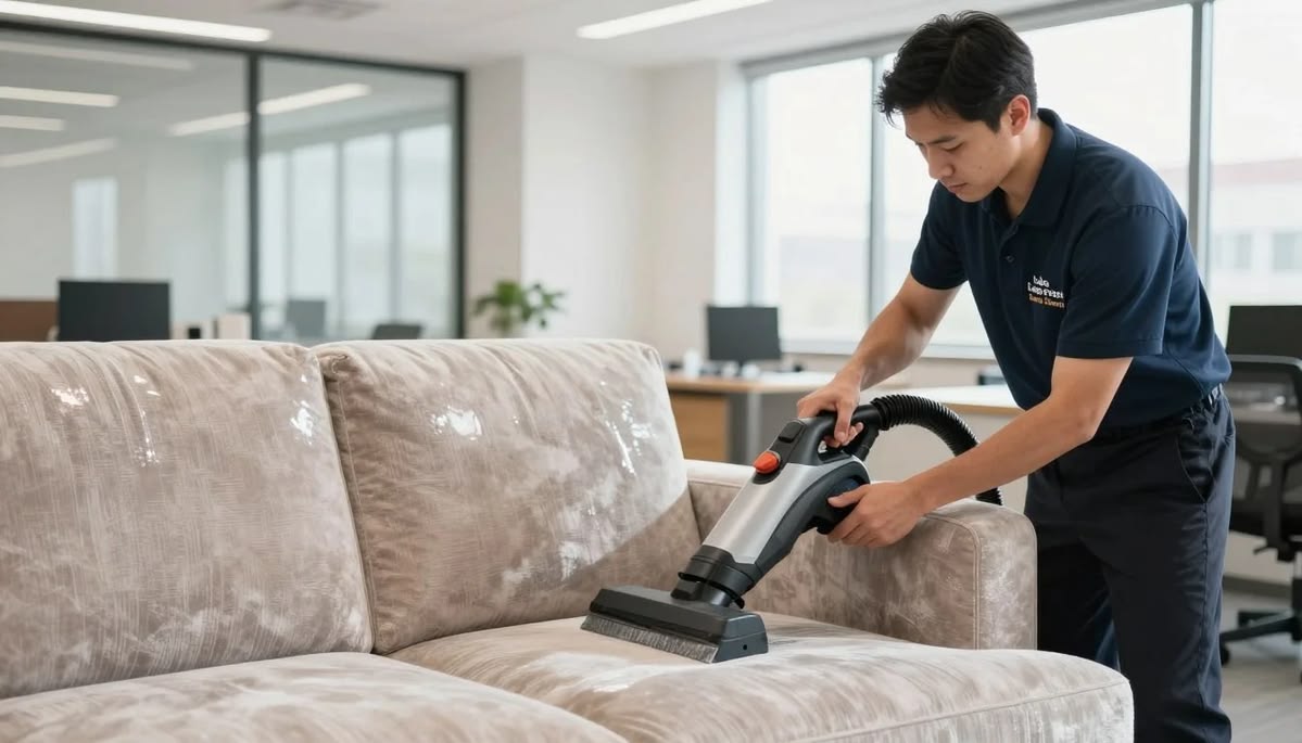 Professional upholstery cleaning service in Bolton by IBA Global — technician steam cleaning a fabric sofa using industrial hot-water extraction equipment