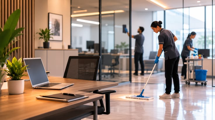 Professional office cleaning service in Bolton by IBA Global — cleaner sanitising a modern corporate workspace desk and workstation
