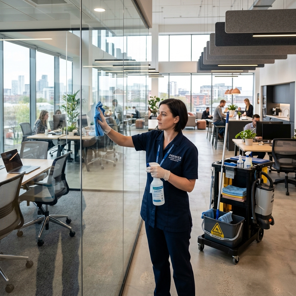 Professional commercial office cleaning service in Manchester by IBA Global — cleaner sanitising a modern office workspace with industrial equipment